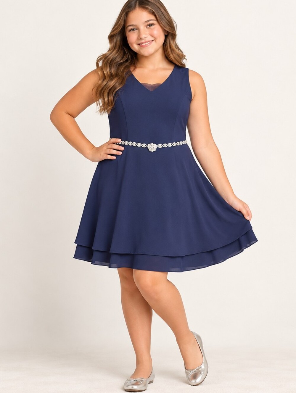 Speechless Kids Rhinestone Belted Navy Blue Fit And Flare Dress Girls Size 20.5
